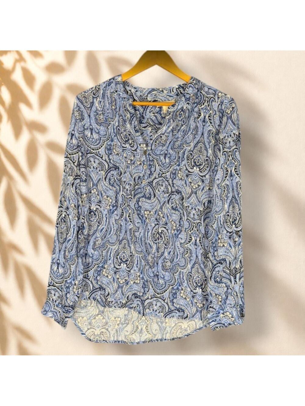 Dressbarn Blouse Women L Large Blue Geometric V-Neck Button Long Sleeve Rayon